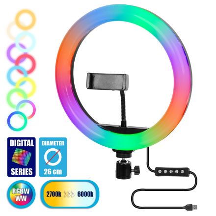 GloboStar® 75801 Professional Digital Ring Light Φ26cm LED SMD 30W 3000lm 180° DC 5V με Καλώδιο Τροφοδοσίας USB - Ενσωματωμένο Χειριστήριο Εναλλαγής Χρωμάτων & 1 Βάση Τηλεφώνου - Πολύχρωμο RGBW+WW Dimmable