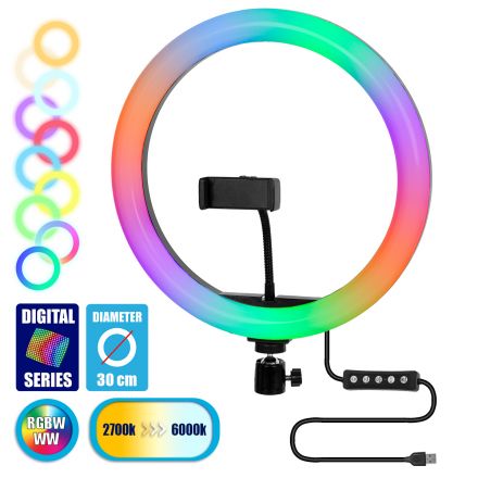 GloboStar® 75802 Professional Digital Ring Light Φ30cm LED SMD 40W 4000lm 180° DC 5V με Καλώδιο Τροφοδοσίας USB - Ενσωματωμένο Χειριστήριο Εναλλαγής Χρωμάτων & 1 Βάση Τηλεφώνου - Πολύχρωμο RGBW+WW Dimmable