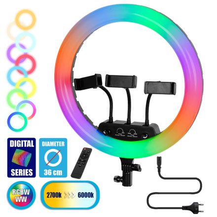 GloboStar® 75804 Professional Digital Ring Light Φ36cm LED SMD 50W 5000lm 180° AC 230V με Καλώδιο Τροφοδοσίας Πρίζας - Ασύρματο Χειριστήριο RF 2.4Ghz Εναλλαγής Χρωμάτων & 3 Βάσεις Τηλεφώνου - Πολύχρωμο RGBW+WW Dimmable