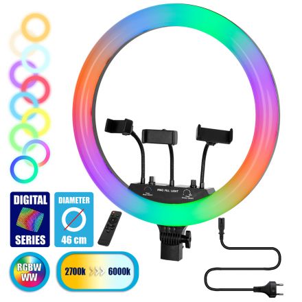 GloboStar® 75805 Professional Digital Ring Light Φ46cm LED SMD 70W 7000lm 180° AC 230V με Καλώδιο Τροφοδοσίας Πρίζας - Ασύρματο Χειριστήριο RF 2.4Ghz Εναλλαγής Χρωμάτων & 3 Βάσεις Τηλεφώνου - Πολύχρωμο RGBW+WW Dimmable